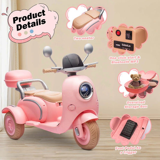 12V Electric Motorcycle for Kids, 2 Seater Battery Power Ride on Motorcycle Toys with Slow Start, LED, Music, USB, 3 Wheel Electric Motorcycle for Boy Girl Birthday Gift, Pink