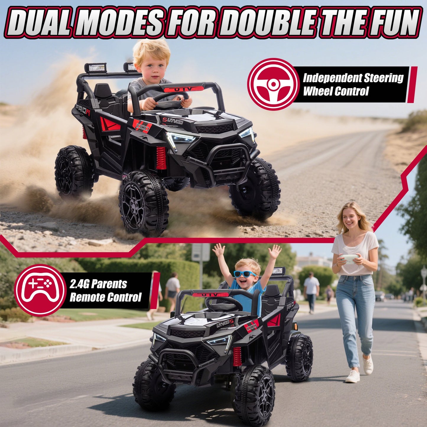 24V Kids Electric Ride on Cars Toy, 400W Power Ride on UTV Toy With Remote Control, Music, Bluetooth, Four Wheel Suspension, LED Lights, Portable Handle, Electric Car for Boys Girls 3+