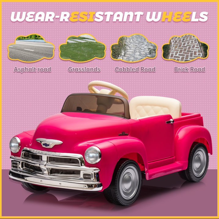 Chevrolet 3100 12V Power Kids Ride On Truck Cars, Electric Car w/Remote Control, LED Lights, Bluetooth, USB, 3 Speeds, Battery Indicator, Music Player, Ride on Toy for Boys & Girls Ages 3+, Pink