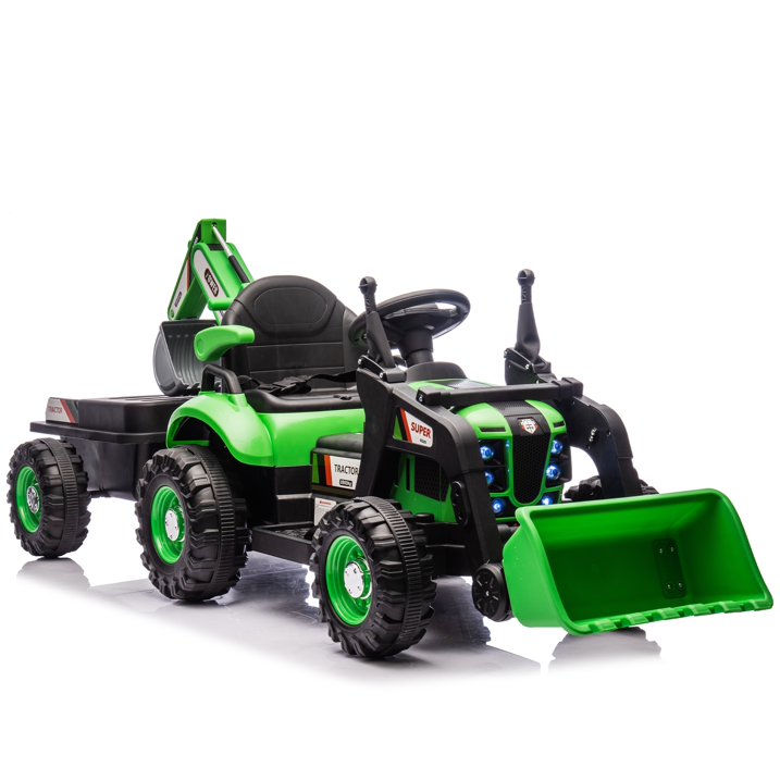 24V Kids Ride-On Electric Tractor with 4-in-1 Construction Attachments (Excavator, Dump Truck & Bulldozer), Parent Remote Control, 3-Speed, Music Player, LED Lights, Swivel Seat, Detachable Wagon