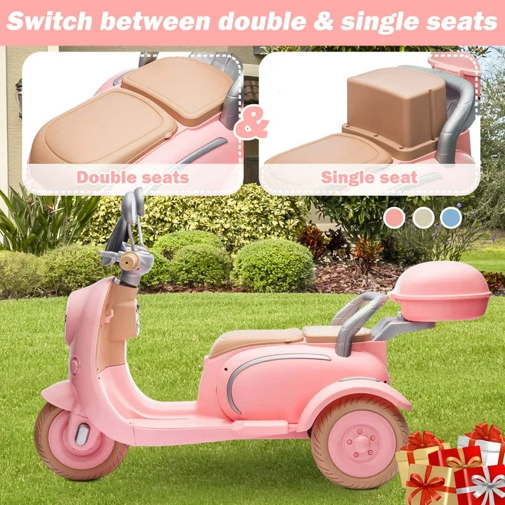12V Electric Motorcycle for Kids, 2 Seater Battery Power Ride on Motorcycle Toys with Slow Start, LED, Music, USB, 3 Wheel Electric Motorcycle for Boy Girl Birthday Gift, Pink