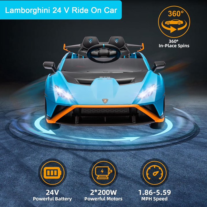 24 V Powered Ride on Car, Lamborghini Huracan Sto Ride on Toy with Remote Control, Kids Car Electric Vehicles with Bluetooth Music, LED Light, USB Port, Drift Feature, 360° Spins, Blue