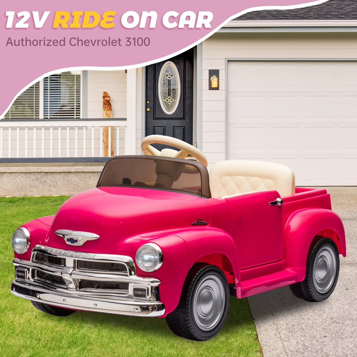 Chevrolet 3100 12V Power Kids Ride On Truck Cars, Electric Car w/Remote Control, LED Lights, Bluetooth, USB, 3 Speeds, Battery Indicator, Music Player, Ride on Toy for Boys & Girls Ages 3+, Pink