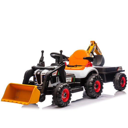 24V Kids Ride-On Electric Tractor with 4-in-1 Construction Attachments (Excavator, Dump Truck & Bulldozer), Parent Remote Control, 3-Speed, Music Player, LED Lights, Swivel Seat, Detachable Wagon