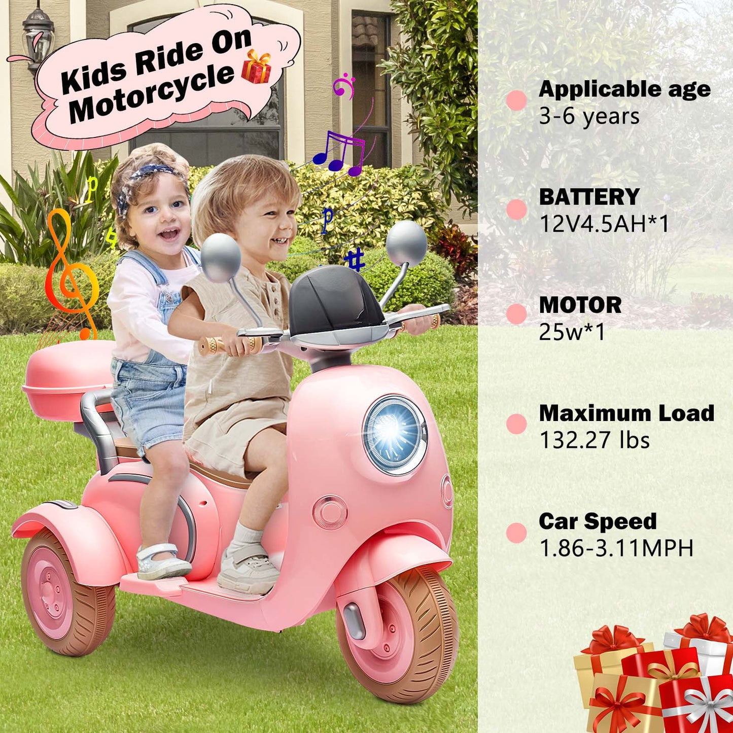 12V Electric Motorcycle for Kids, 2 Seater Battery Power Ride on Motorcycle Toys with Slow Start, LED, Music, USB, 3 Wheel Electric Motorcycle for Boy Girl Birthday Gift, Pink