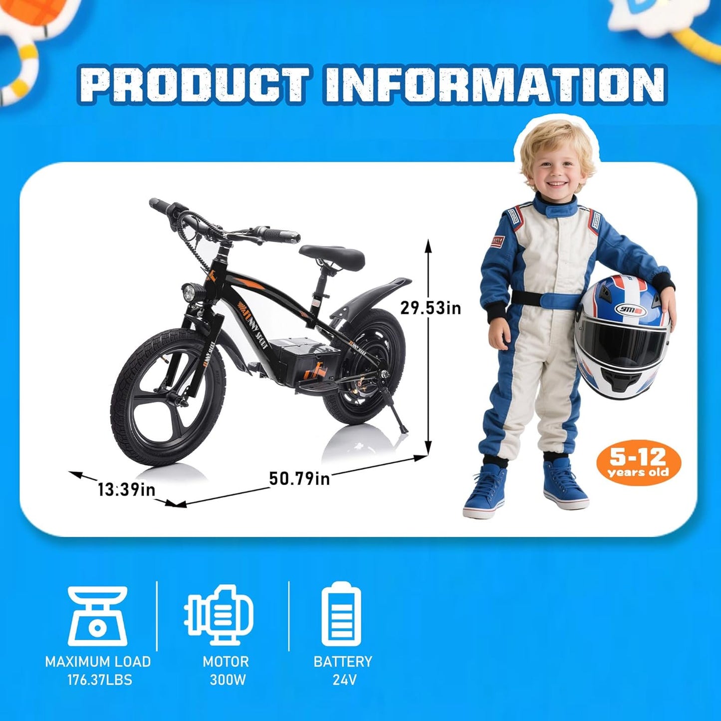 24V Kids Electric Dirt Bike, 300W Super Power Motor, 12.43 MPH Max Speed, 16" Pneumatic Tires, Adjustable Seat, Power Display, Powered Ride On Motorcycle for Boys Girls Ages 5-12 Years Old