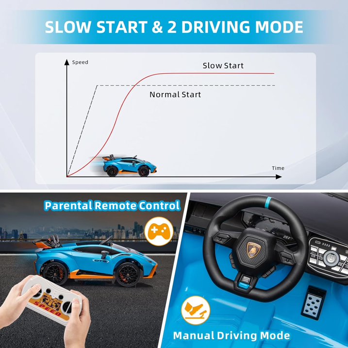 24 V Powered Ride on Car, Lamborghini Huracan Sto Ride on Toy with Remote Control, Kids Car Electric Vehicles with Bluetooth Music, LED Light, USB Port, Drift Feature, 360° Spins, Blue