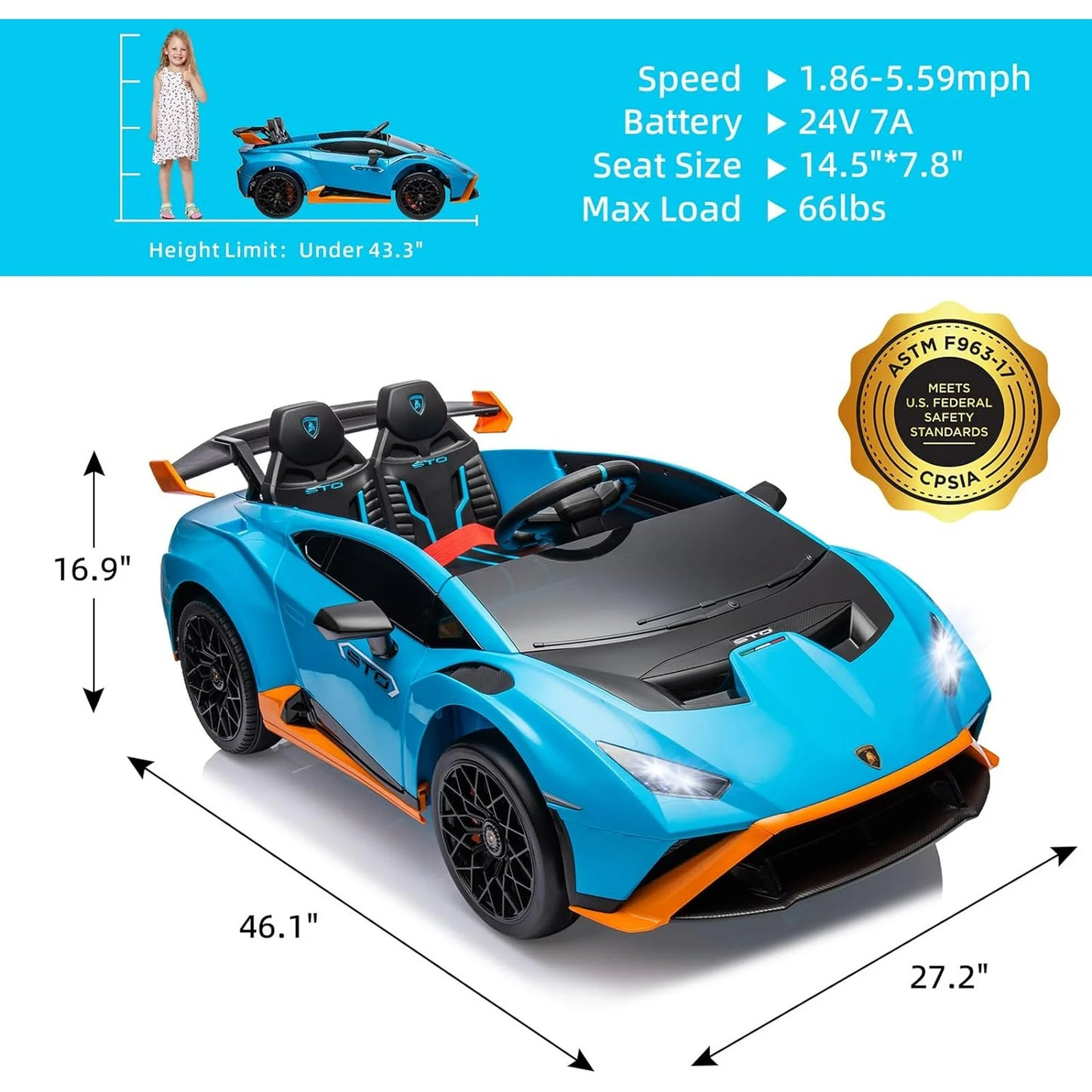 24 V Powered Ride on Car, Lamborghini Huracan Sto Ride on Toy with Remote Control, Kids Car Electric Vehicles with Bluetooth Music, LED Light, USB Port, Drift Feature, 360° Spins, Blue