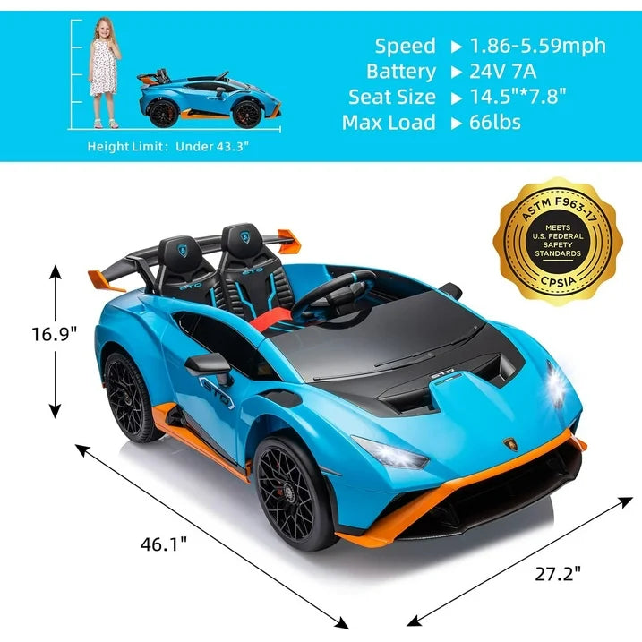 24 V Powered Ride on Car, Lamborghini Huracan Sto Ride on Toy with Remote Control, Kids Car Electric Vehicles with Bluetooth Music, LED Light, USB Port, Drift Feature, 360° Spins, Blue