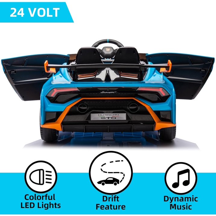 24 V Powered Ride on Car, Lamborghini Huracan Sto Ride on Toy with Remote Control, Kids Car Electric Vehicles with Bluetooth Music, LED Light, USB Port, Drift Feature, 360° Spins, Blue