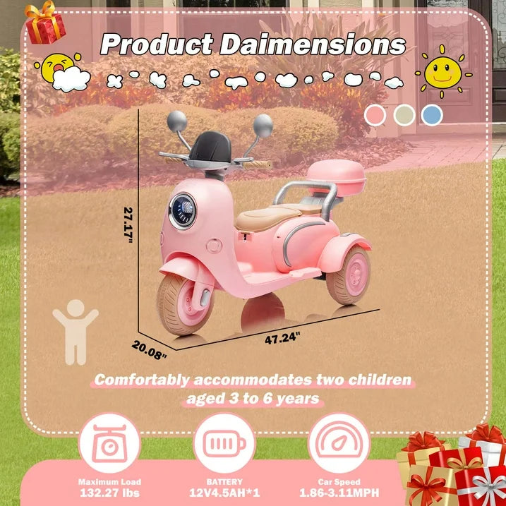 12V Electric Motorcycle for Kids, 2 Seater Battery Power Ride on Motorcycle Toys with Slow Start, LED, Music, USB, 3 Wheel Electric Motorcycle for Boy Girl Birthday Gift, Pink