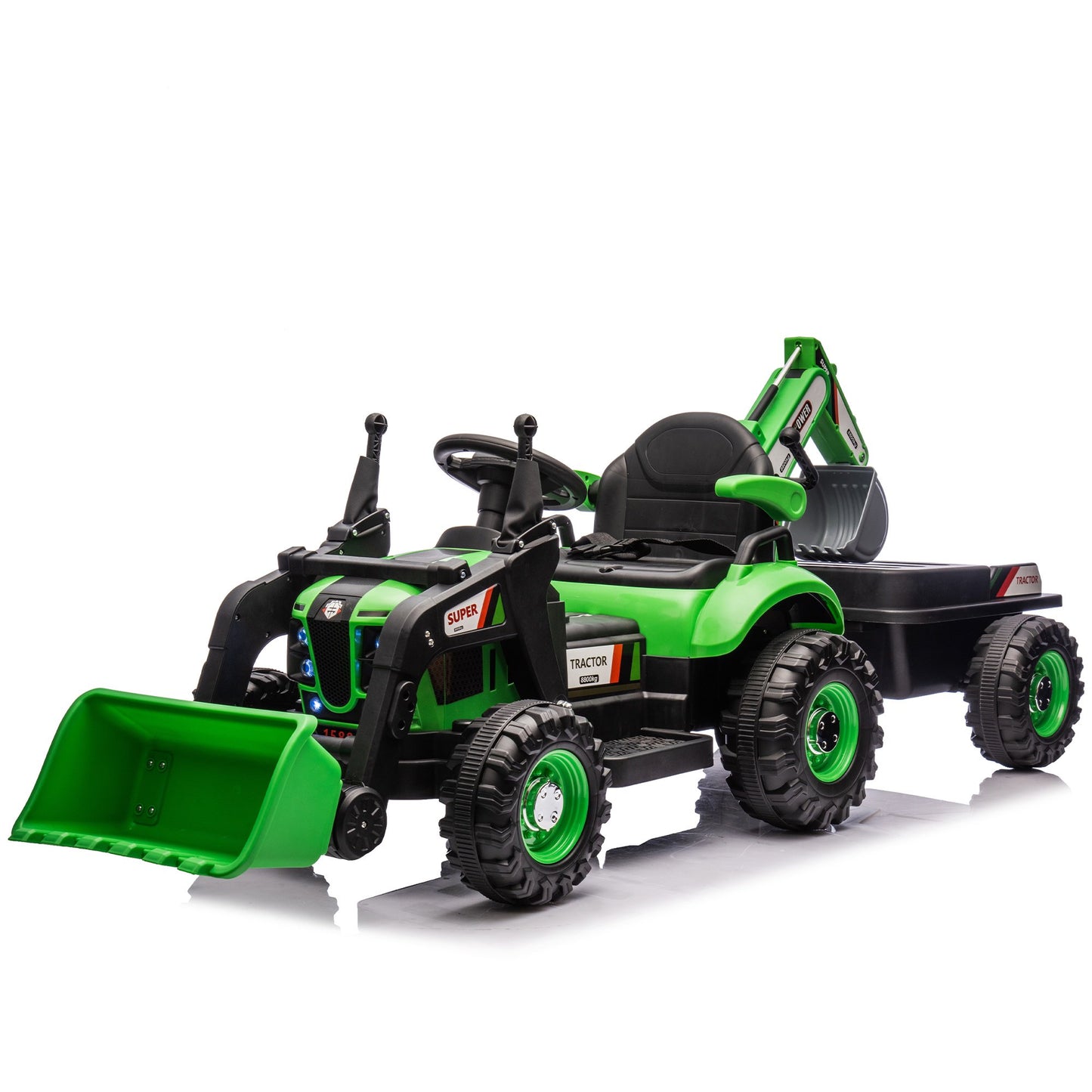 24V Kids Ride-On Electric Tractor with 4-in-1 Construction Attachments (Excavator, Dump Truck & Bulldozer), Parent Remote Control, 3-Speed, Music Player, LED Lights, Swivel Seat, Detachable Wagon
