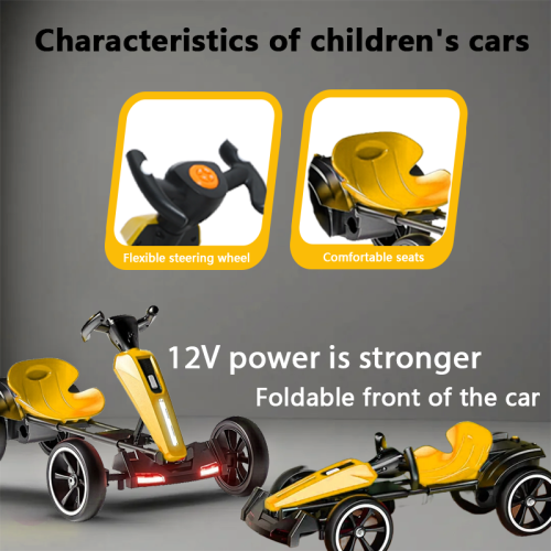 12V Electric Kids Go Kart, Foldable Ride-On Pedal Kart w/ Adjustable Seat, EVA Rubber Wheels, Music & Lights, 2-Speed Forward & Reverse, Outdoor & Indoor Toy Car for Boys & Girls Ages 3-8 (Yellow)