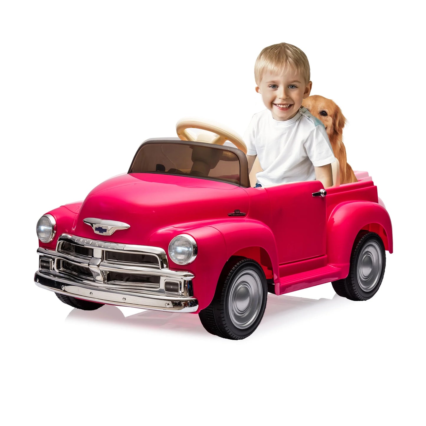 Chevrolet 3100 12V Power Kids Ride On Truck Cars, Electric Car w/Remote Control, LED Lights, Bluetooth, USB, 3 Speeds, Battery Indicator, Music Player, Ride on Toy for Boys & Girls Ages 3+, Pink