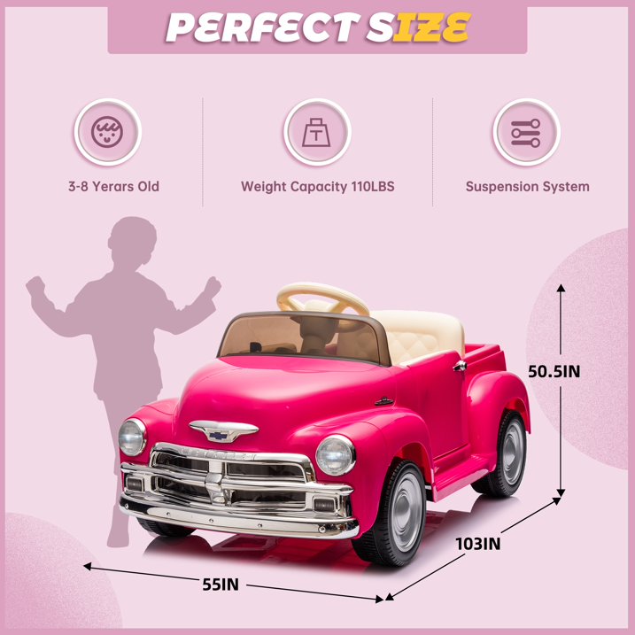 Chevrolet 3100 12V Power Kids Ride On Truck Cars, Electric Car w/Remote Control, LED Lights, Bluetooth, USB, 3 Speeds, Battery Indicator, Music Player, Ride on Toy for Boys & Girls Ages 3+, Pink