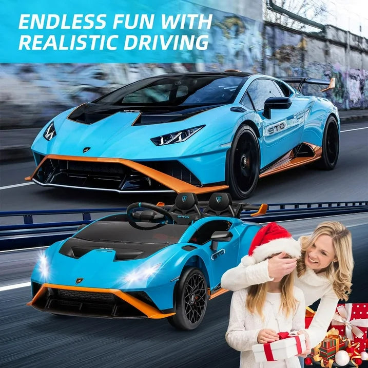 24 V Powered Ride on Car, Lamborghini Huracan Sto Ride on Toy with Remote Control, Kids Car Electric Vehicles with Bluetooth Music, LED Light, USB Port, Drift Feature, 360° Spins, Blue