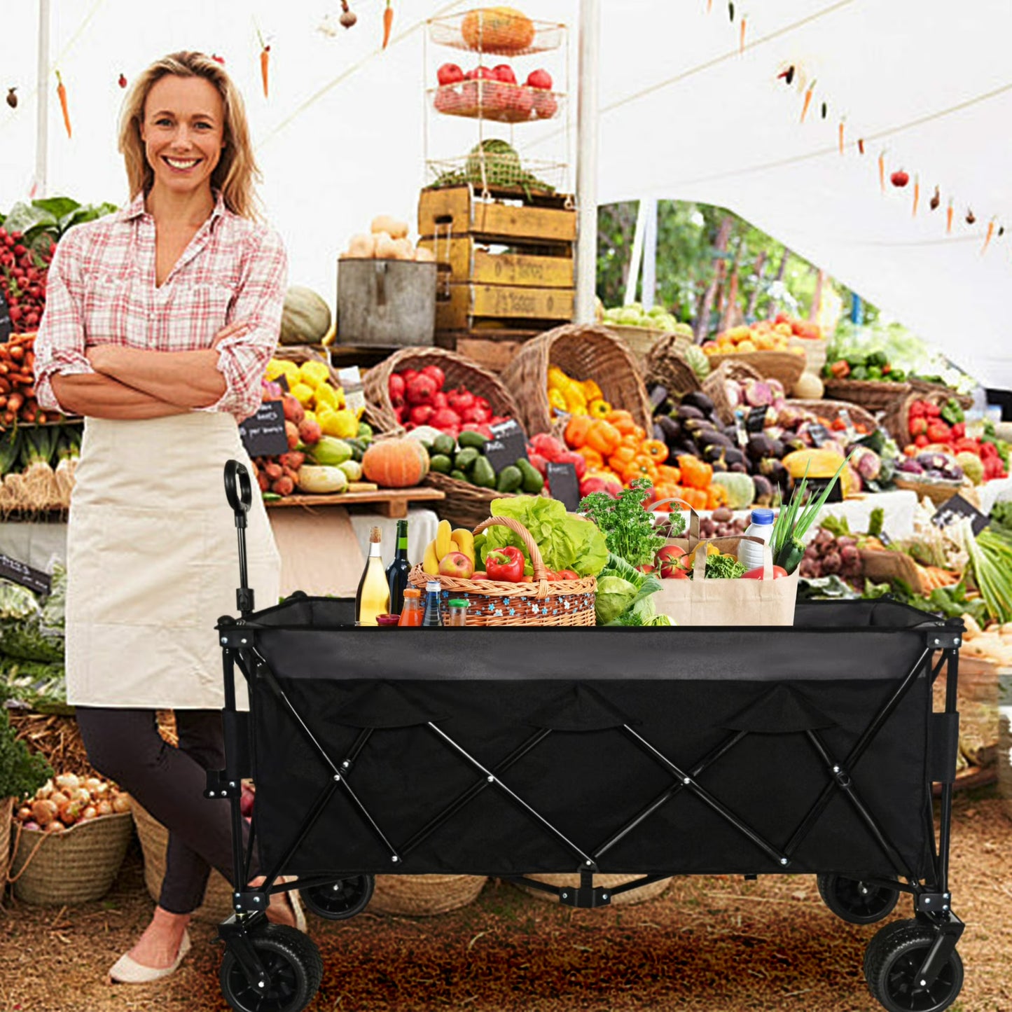 "51-inch Extended Heavy-Duty Foldable Utility Wagon, 480lbs Capacity Collapsible Wagon with All-Terrain Wheels and Brakes, Patented Ultra-Stable Steel Frame Garden Cart, No Assembly Required"