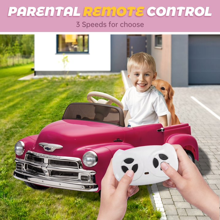 Chevrolet 3100 12V Power Kids Ride On Truck Cars, Electric Car w/Remote Control, LED Lights, Bluetooth, USB, 3 Speeds, Battery Indicator, Music Player, Ride on Toy for Boys & Girls Ages 3+, Pink