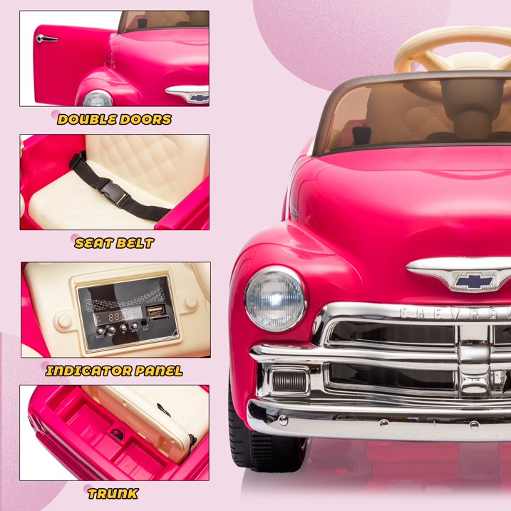 Chevrolet 3100 12V Power Kids Ride On Truck Cars, Electric Car w/Remote Control, LED Lights, Bluetooth, USB, 3 Speeds, Battery Indicator, Music Player, Ride on Toy for Boys & Girls Ages 3+, Pink
