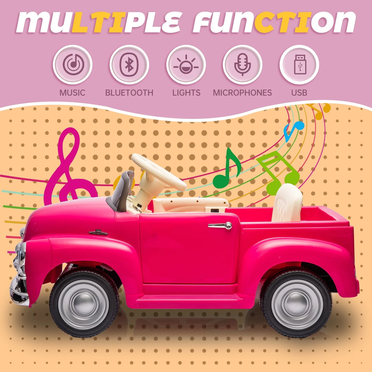 Chevrolet 3100 12V Power Kids Ride On Truck Cars, Electric Car w/Remote Control, LED Lights, Bluetooth, USB, 3 Speeds, Battery Indicator, Music Player, Ride on Toy for Boys & Girls Ages 3+, Pink